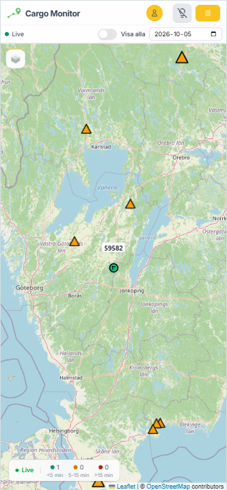 Cargo Monitor på mobil: karta över Sverige med aktiva tåg och förseningsstatus.